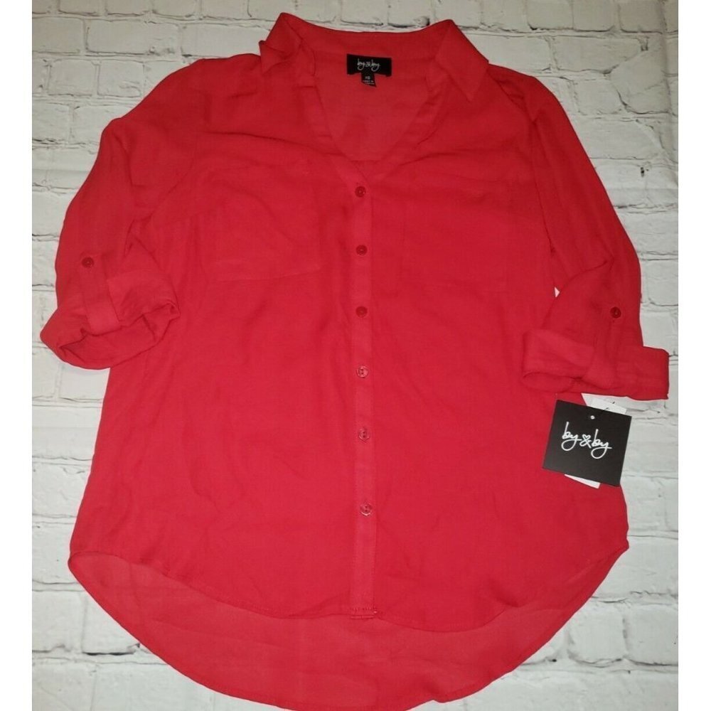 𝅺NWT By & By Women's True Red Blouse Roll Up Sleeves